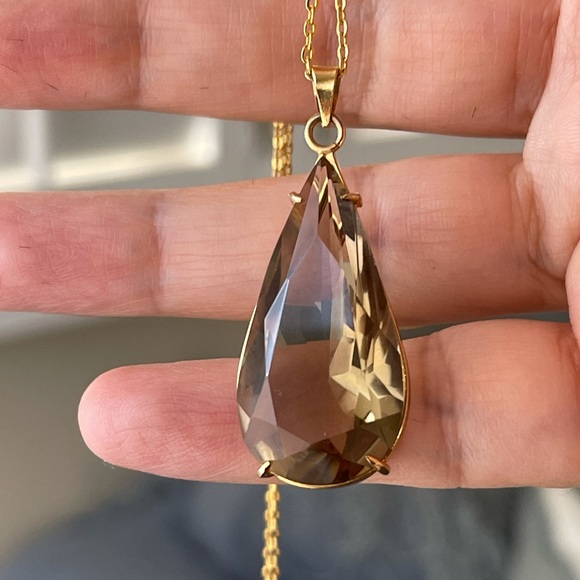 Vintage Jewelry - 12.5 carat tear drop citrine / smokey quartz gold pendant & chain